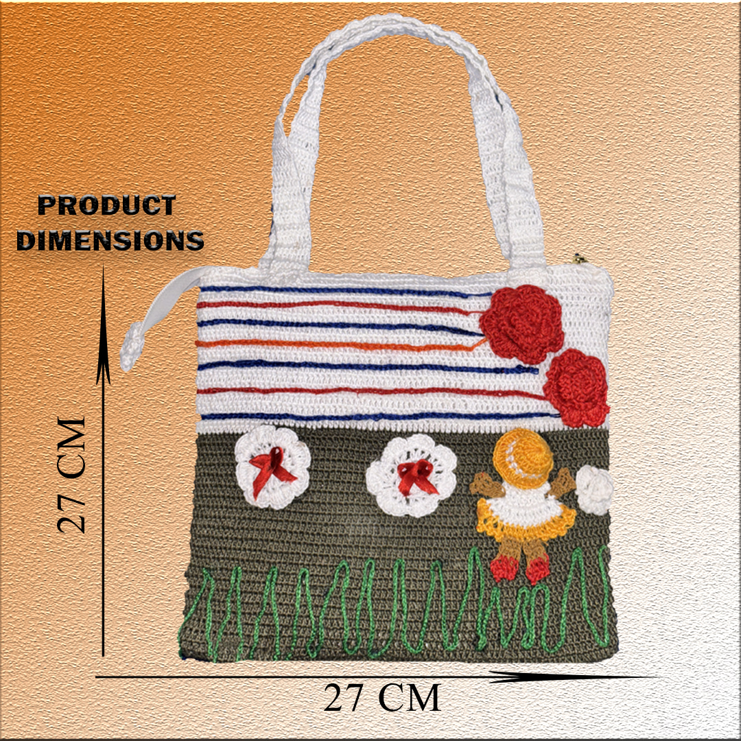 Handmade Crochet Floral Green Handbag with Flower and Doll Engraving